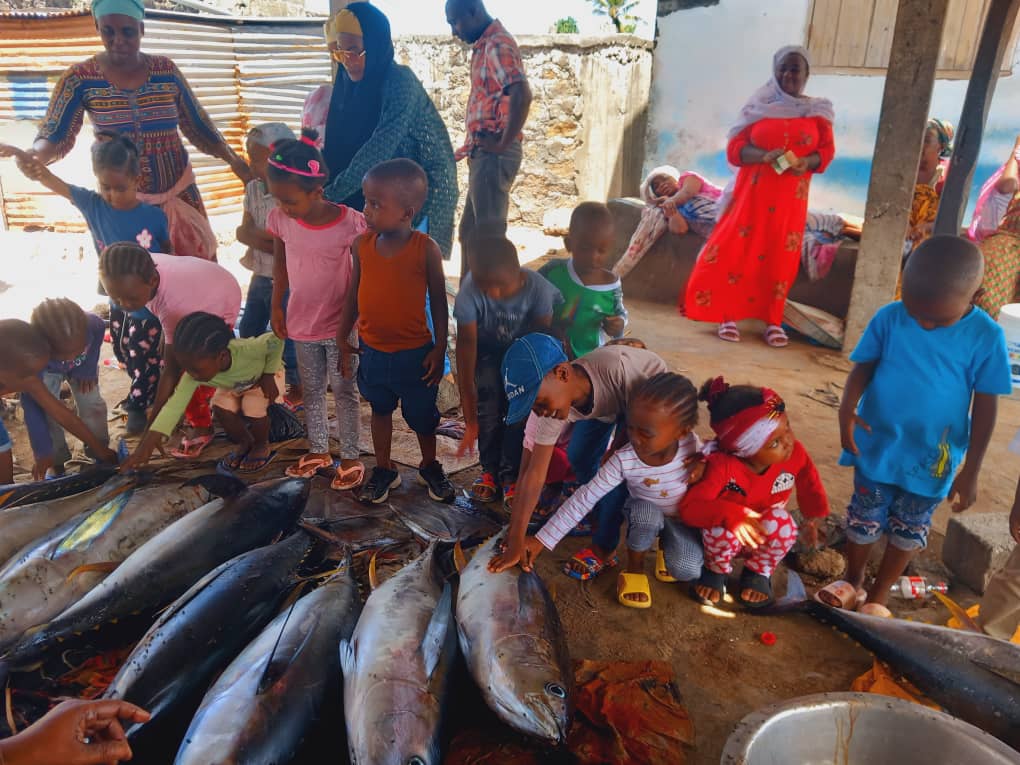 Des enfants observent et touchent des thons fraîchement pêchés au marché du village